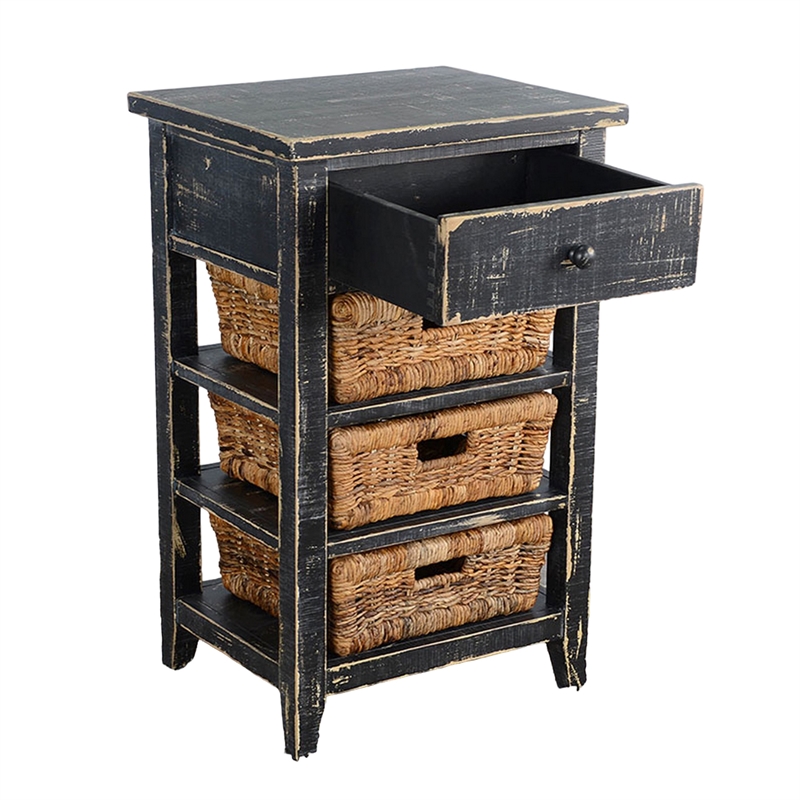 Rena End Table- 3 Natural Rattan Storage Baskets- 20 Inch Black Wood