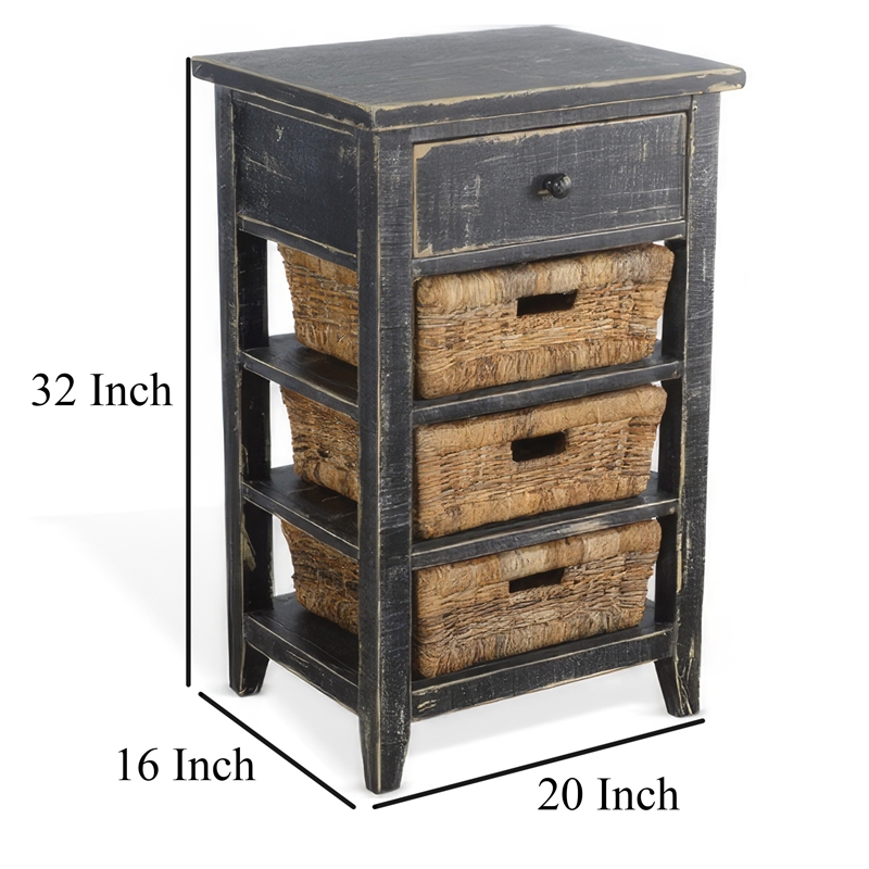 Rena End Table- 3 Natural Rattan Storage Baskets- 20 Inch Black Wood