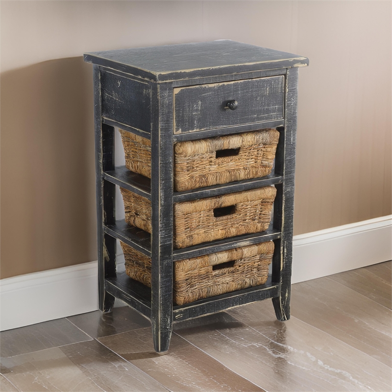 Rena End Table- 3 Natural Rattan Storage Baskets- 20 Inch Black Wood