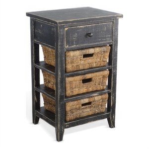 Rena End Table- 3 Natural Rattan Storage Baskets- 20 Inch Black Wood