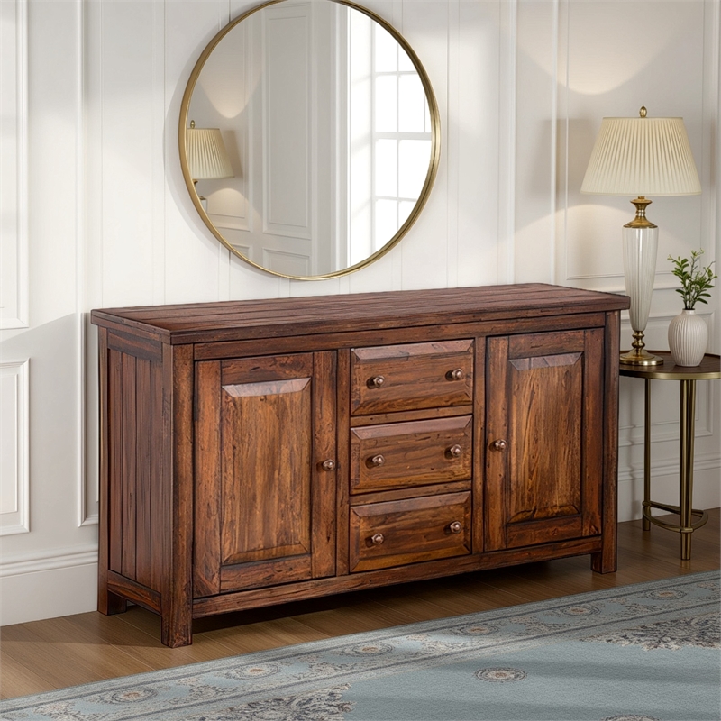 Reggie Buffet Console- 3 Drawers and 2 Cabinet- 66 Inch Brown Mahogany