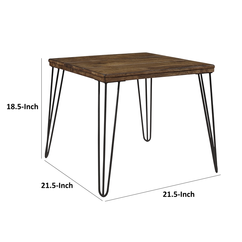 Hali 22 Inch Side End Table- Rubberwood- Black Metal Hairpin Legs- Brown