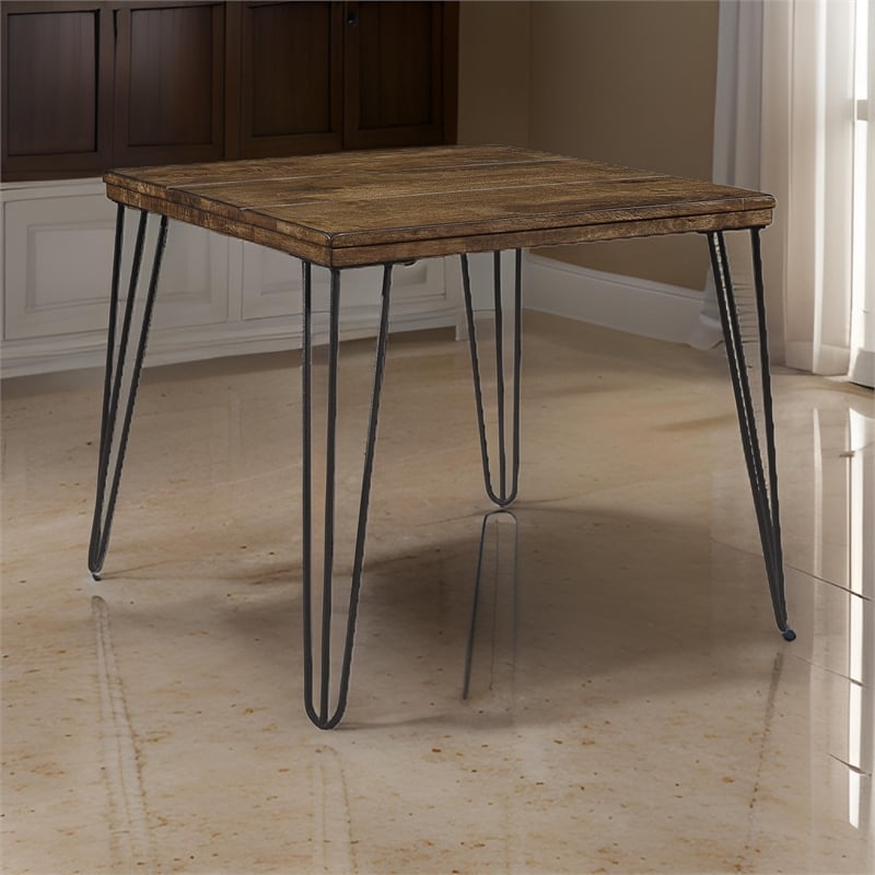 Hali 22 Inch Side End Table- Rubberwood- Black Metal Hairpin Legs- Brown