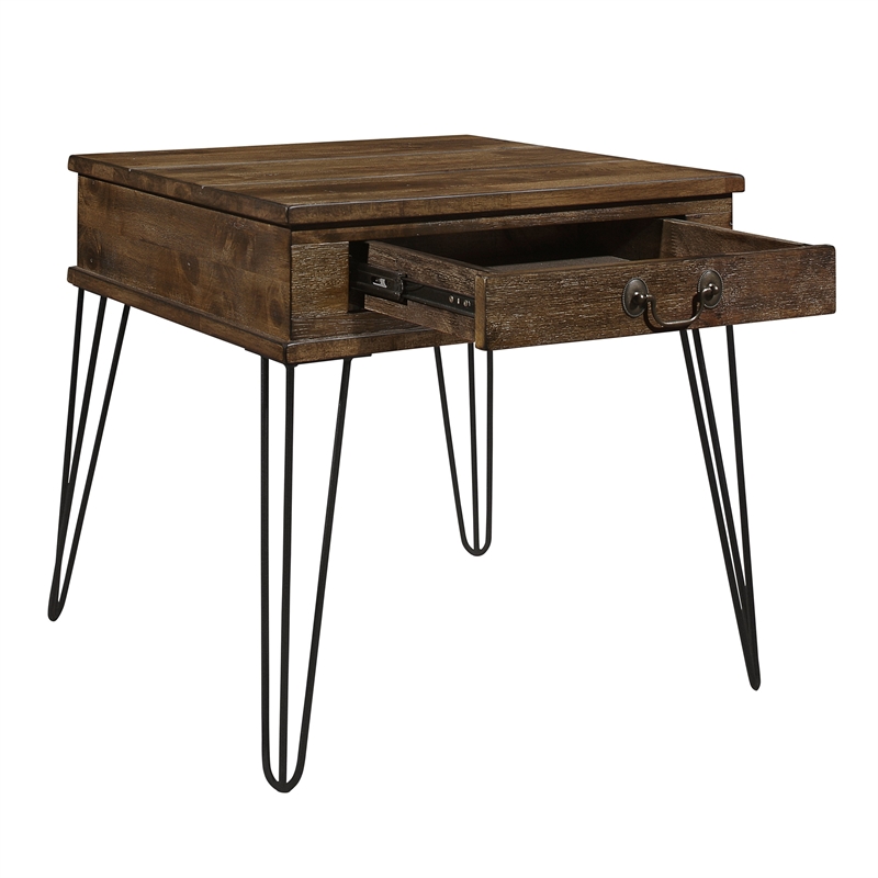 Itti 22 Inch Square Side End Table- 1 Drawer- Brown Solid Wood- Black