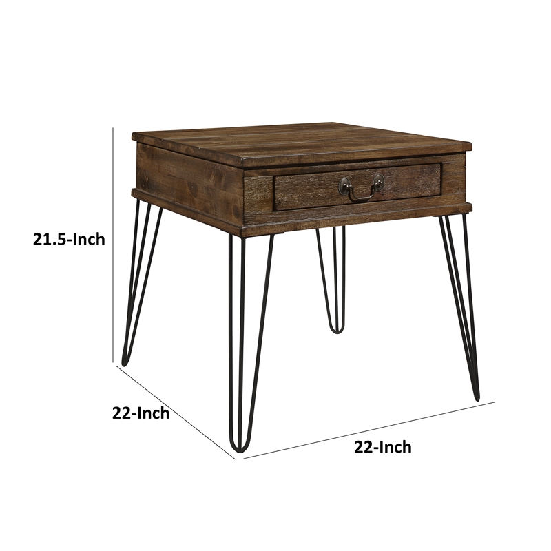 Itti 22 Inch Square Side End Table- 1 Drawer- Brown Solid Wood- Black