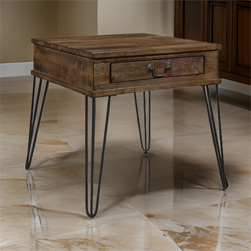Itti 22 Inch Square Side End Table- 1 Drawer- Brown Solid Wood- Black
