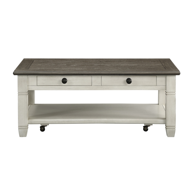 Rome 48 Inch Cocktail Coffee Table- 2 Drawers- White and Brown- Solid Wood