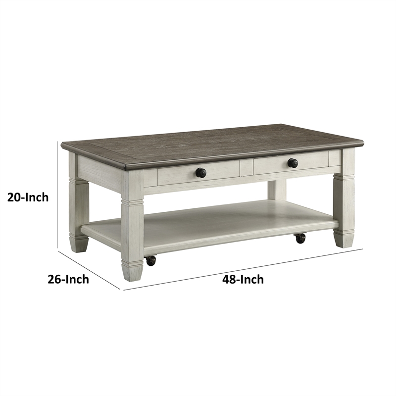Rome 48 Inch Cocktail Coffee Table- 2 Drawers- White and Brown- Solid Wood