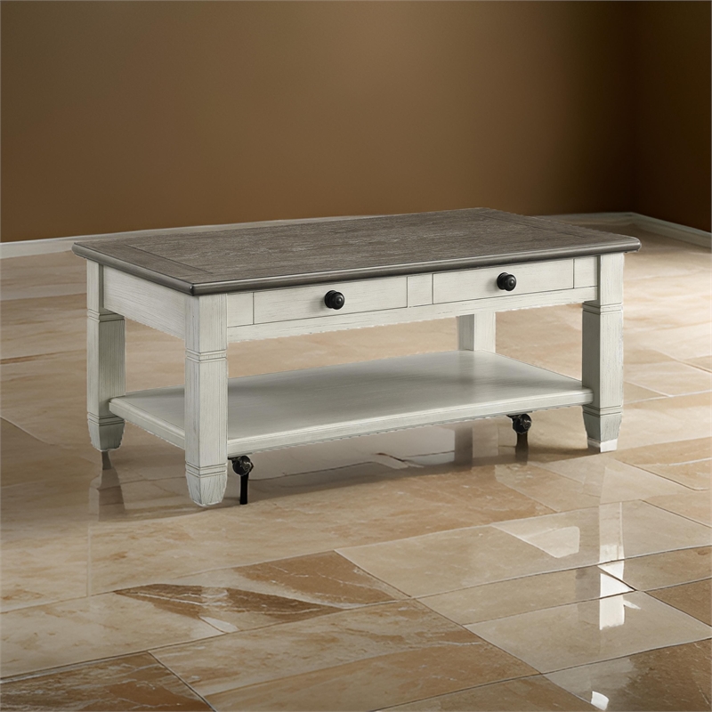 Rome 48 Inch Cocktail Coffee Table- 2 Drawers- White and Brown- Solid Wood