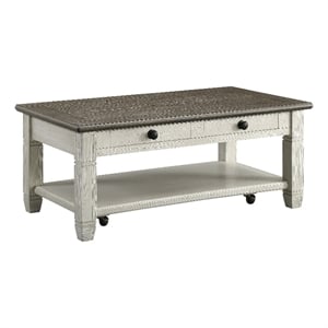 Rome 48 Inch Cocktail Coffee Table- 2 Drawers- White and Brown- Solid Wood