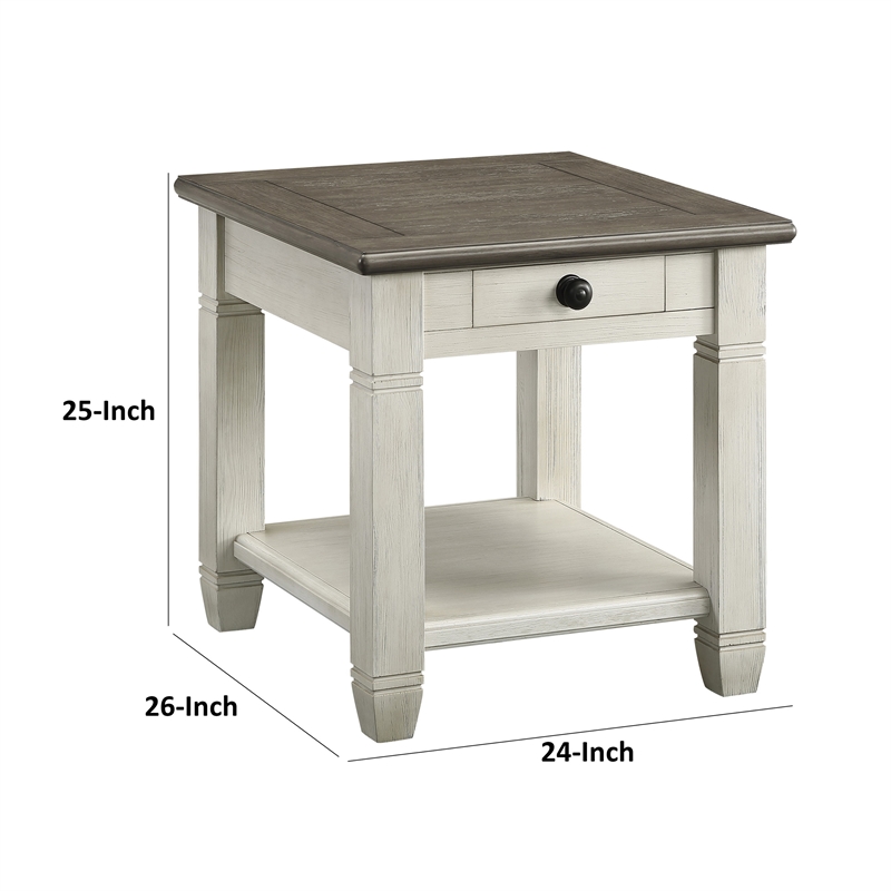 Rome 26 Inch Side End Table- Square- 1 Drawer- Brown- White- Solid Wood