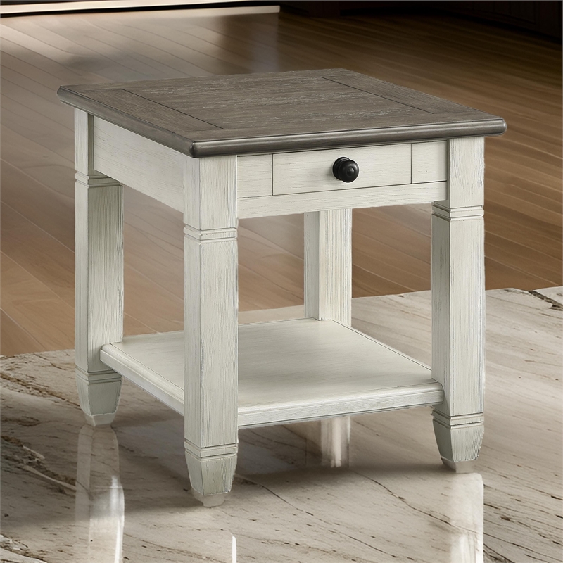 Rome 26 Inch Side End Table- Square- 1 Drawer- Brown- White- Solid Wood