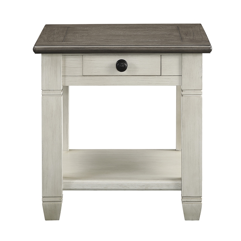 Rome 26 Inch Side End Table- Square- 1 Drawer- Brown- White- Solid Wood