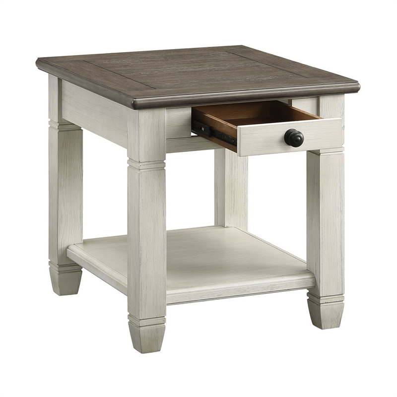 Rome 26 Inch Side End Table- Square- 1 Drawer- Brown- White- Solid Wood