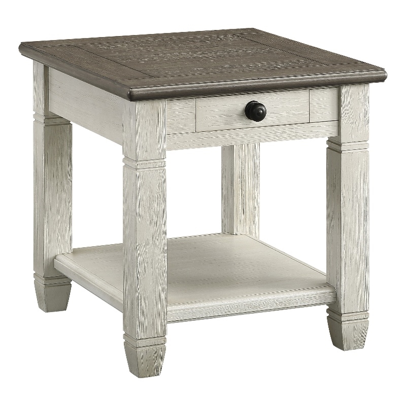 Rome 26 Inch Side End Table- Square- 1 Drawer- Brown- White- Solid Wood