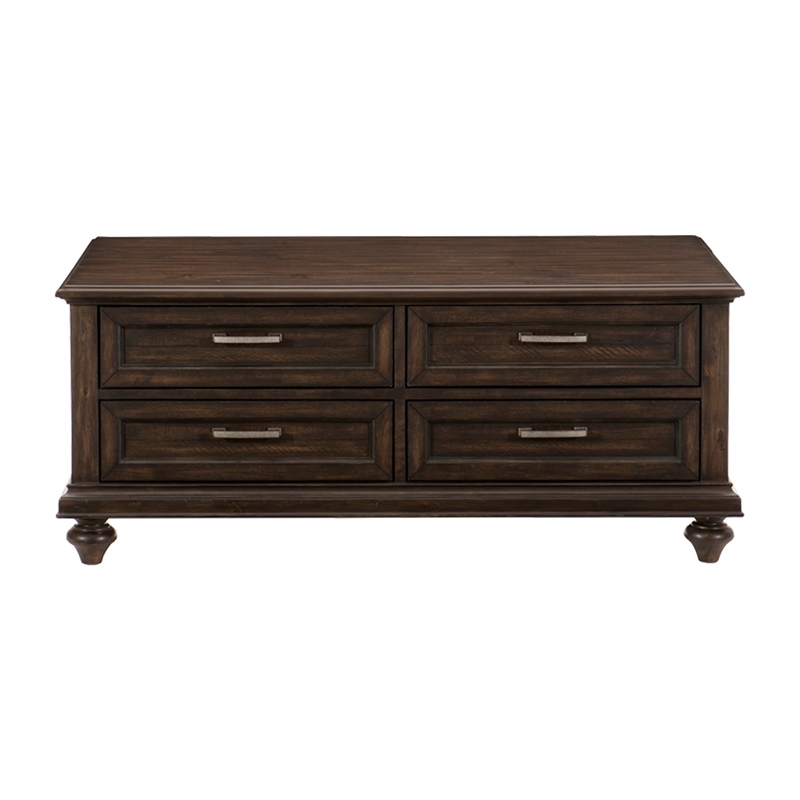 Berey 48 Inch Cocktail Coffee Table- 4 Drawers- Driftwood Brown Wood