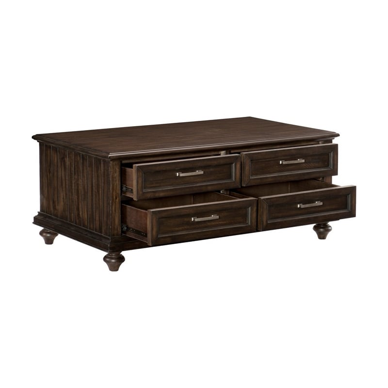 Berey 48 Inch Cocktail Coffee Table- 4 Drawers- Driftwood Brown Wood