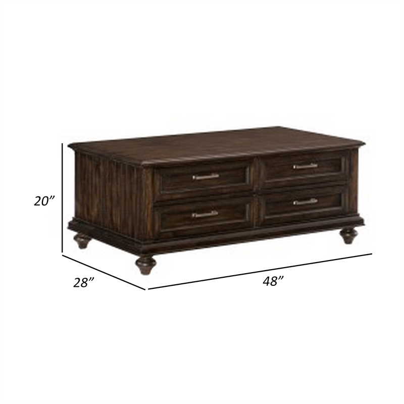 Berey 48 Inch Cocktail Coffee Table- 4 Drawers- Driftwood Brown Wood