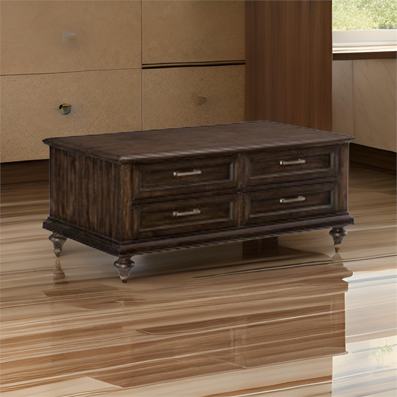 Berey 48 Inch Cocktail Coffee Table- 4 Drawers- Driftwood Brown Wood