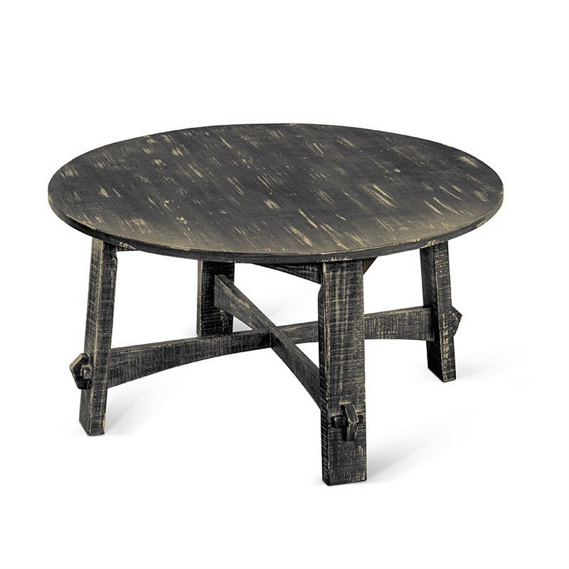 Rena Coffee Table- 36 Inch Round Top- Distressed Rustic Black Wood