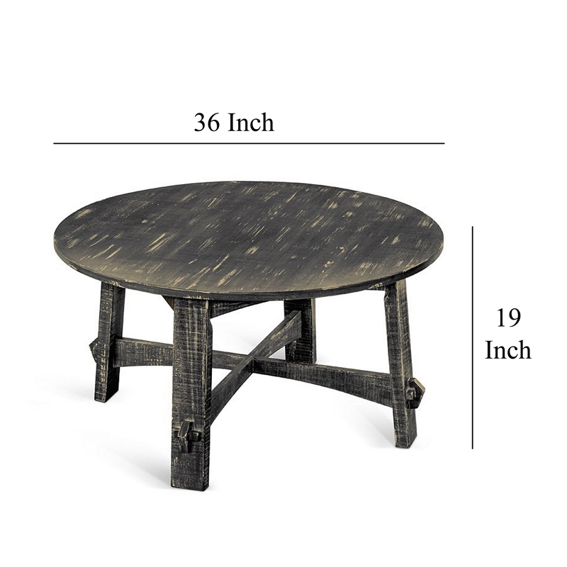 Rena Coffee Table- 36 Inch Round Top- Distressed Rustic Black Wood