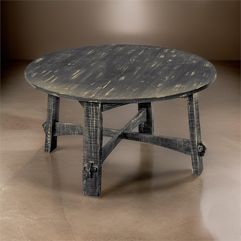 Rena Coffee Table- 36 Inch Round Top- Distressed Rustic Black Wood