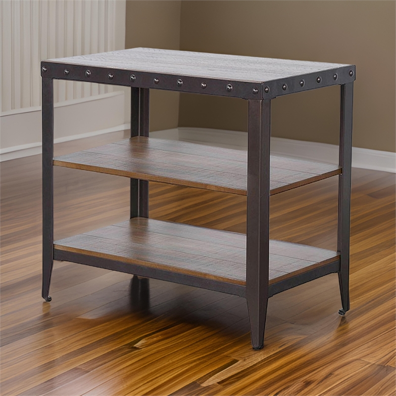Ayka Chairside Table w 2 Shelf- Nailhead- 28 Inch Rectangular Brown