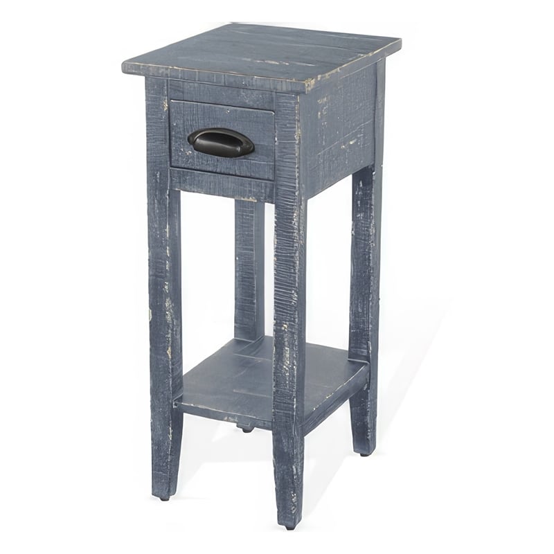 Rena Chairside Table with Drawer and Shelf- 14 Inch Blue Mahogany Wood