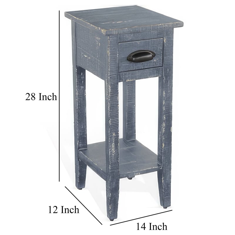 Rena Chairside Table with Drawer and Shelf- 14 Inch Blue Mahogany Wood