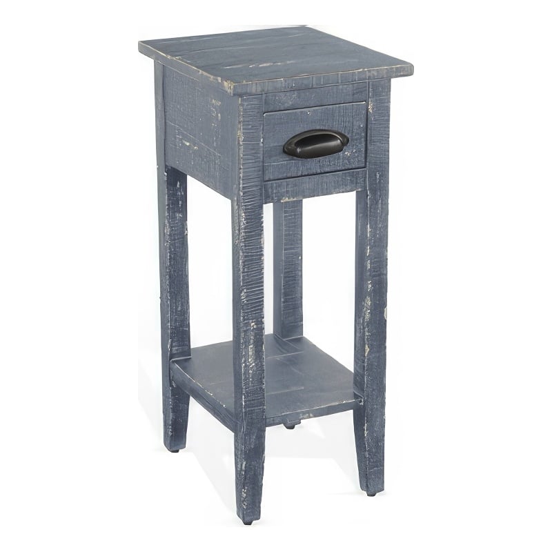 Rena Chairside Table with Drawer and Shelf- 14 Inch Blue Mahogany Wood
