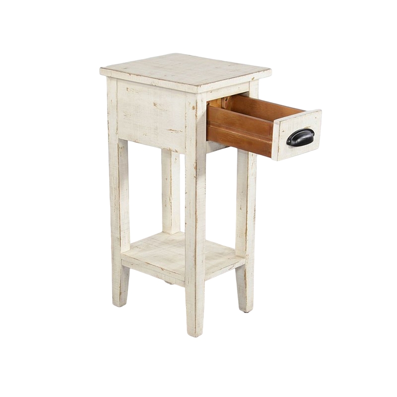 Rena Chairside Table- Drawer and Shelf- 14 Inch White Mahogany Wood
