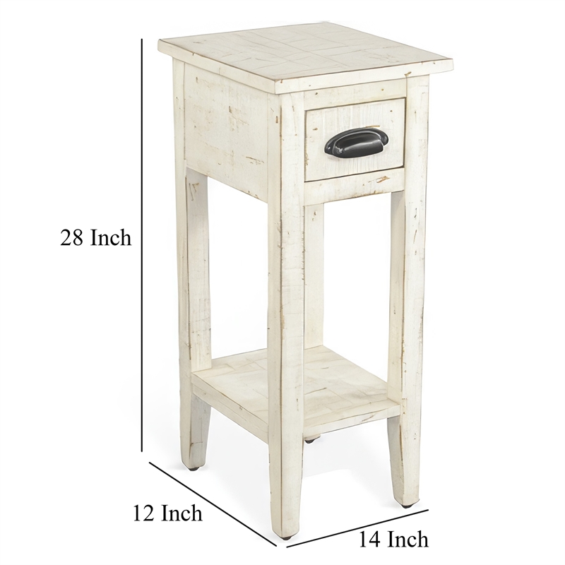 Rena Chairside Table- Drawer and Shelf- 14 Inch White Mahogany Wood