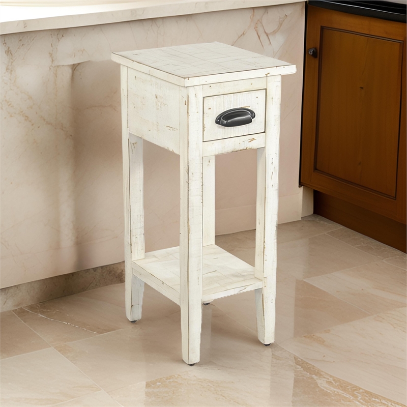 Rena Chairside Table- Drawer and Shelf- 14 Inch White Mahogany Wood