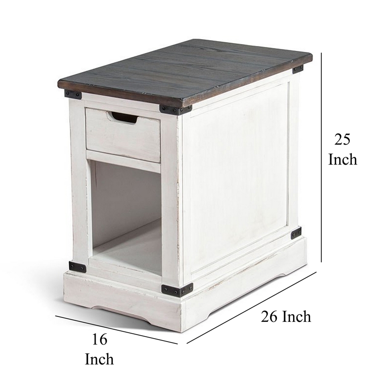 Laibi Side Table- French Country White- Brown Mahogany Wood- 26x16 Top