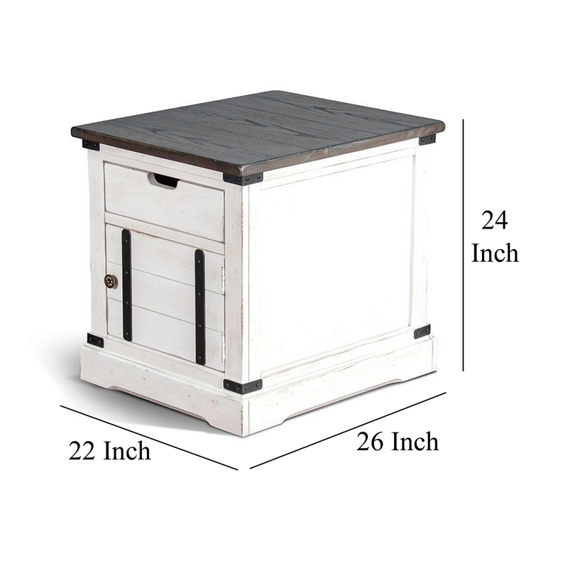 Laibi Side Table- French Country White- Brown Mahogany Wood- 26x22 Top