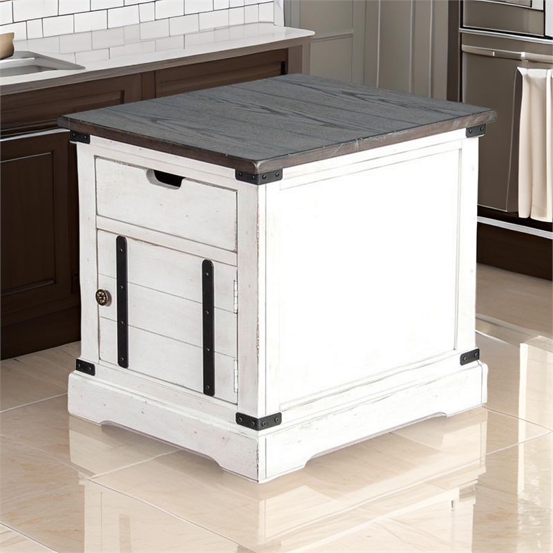 Laibi Side Table- French Country White- Brown Mahogany Wood- 26x22 Top