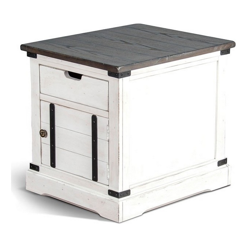 Laibi Side Table- French Country White- Brown Mahogany Wood- 26x22 Top