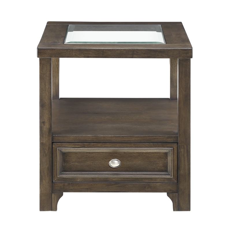 Berny End Table w Glass Top- Drawer- Shelf- Charcoal Brown 26 Inch