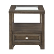 Berny End Table w Glass Top- Drawer- Shelf- Charcoal Brown 26 Inch