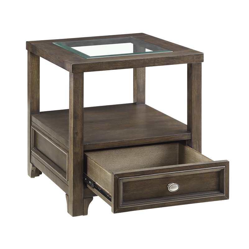 Berny End Table w Glass Top- Drawer- Shelf- Charcoal Brown 26 Inch