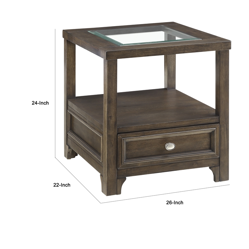 Berny End Table w Glass Top- Drawer- Shelf- Charcoal Brown 26 Inch