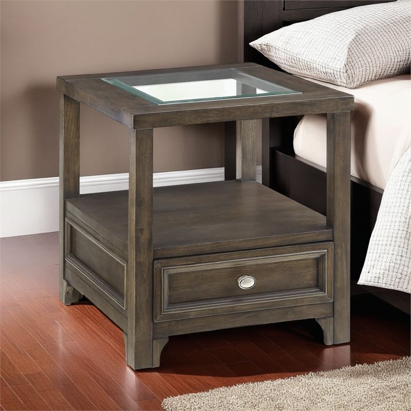 Berny End Table w Glass Top- Drawer- Shelf- Charcoal Brown 26 Inch