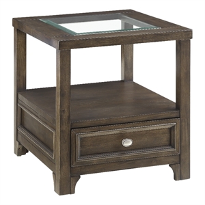 Berny End Table w Glass Top- Drawer- Shelf- Charcoal Brown 26 Inch