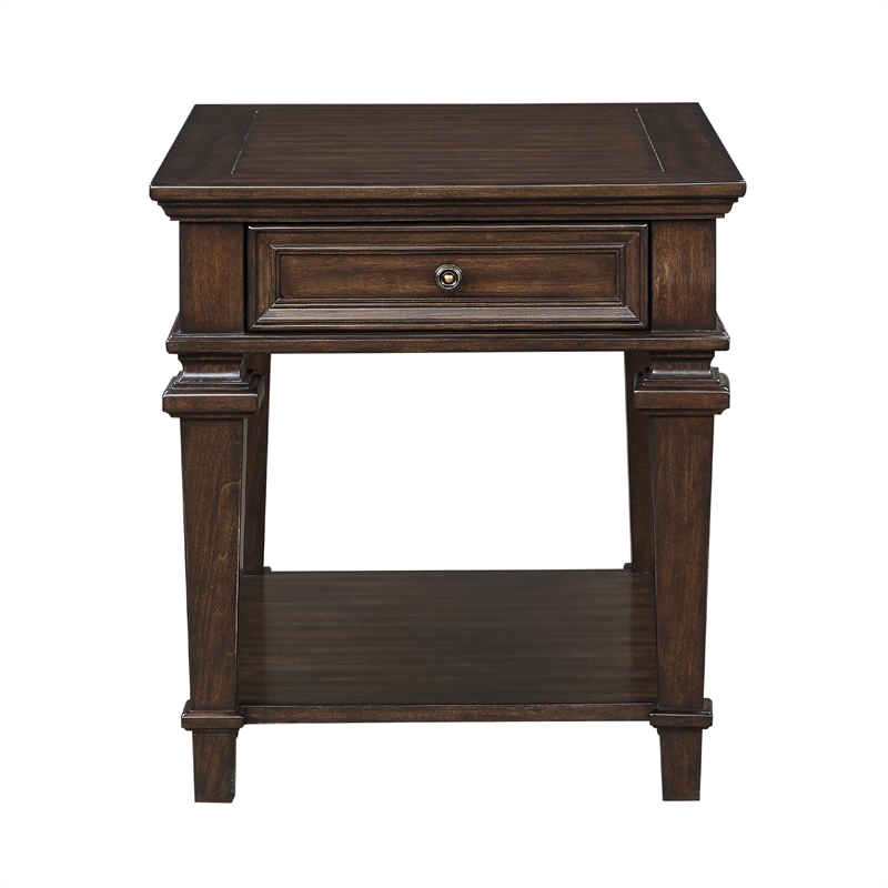 Tabby Side End Table with Drawer and Shelf- Brown Birch Wood 28 Inch