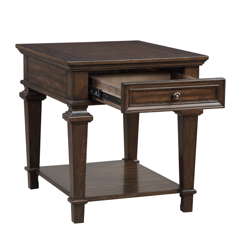 Tabby Side End Table with Drawer and Shelf- Brown Birch Wood 28 Inch