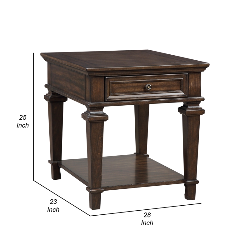 Tabby Side End Table with Drawer and Shelf- Brown Birch Wood 28 Inch