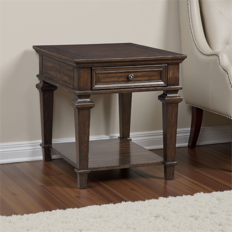 Tabby Side End Table with Drawer and Shelf- Brown Birch Wood 28 Inch