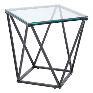 Lucas Side End Table- Clear Glass Top- Geometric Frame- Black Metal