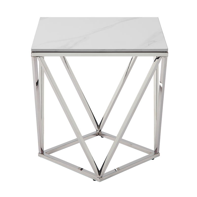 Allie End Table- White Sintered Stone- Silver Stainless Steel 21 Inch