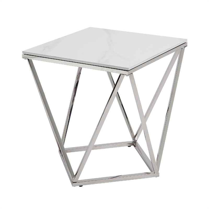 Allie End Table- White Sintered Stone- Silver Stainless Steel 21 Inch